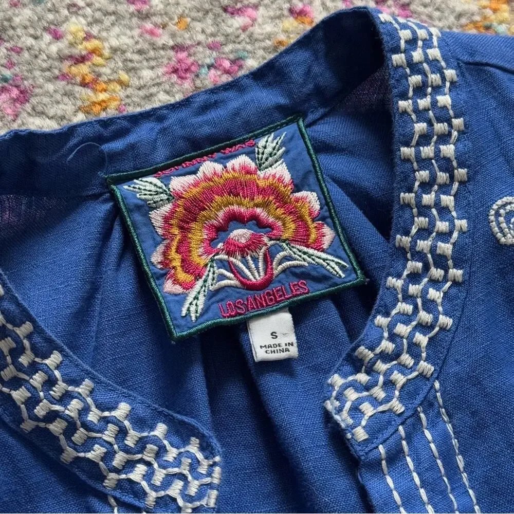 Johnny Was Sovanna Blue Embroidered Linen Bishop Sleeves Tunic Dress Size Small - Picture 9 of 11